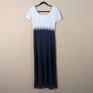 Vtg 90s Michaelangelo Maxi Dress Empire Waist 10 Babydoll Wedding Lace Navy Blue